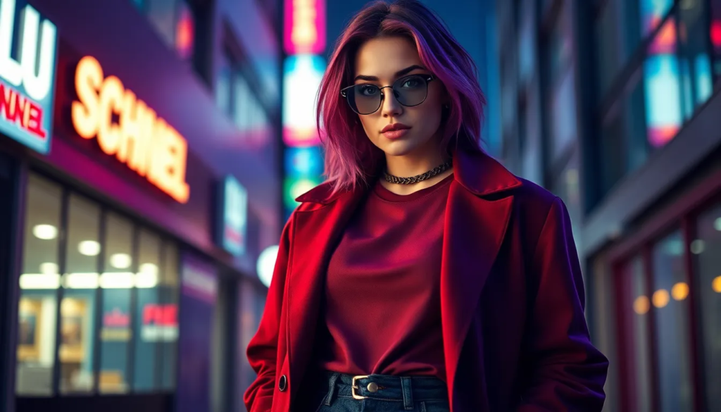 Femme dans un blazer oversize moderne, look streetwear tendance, éclairage dynamique, cadre urbain.