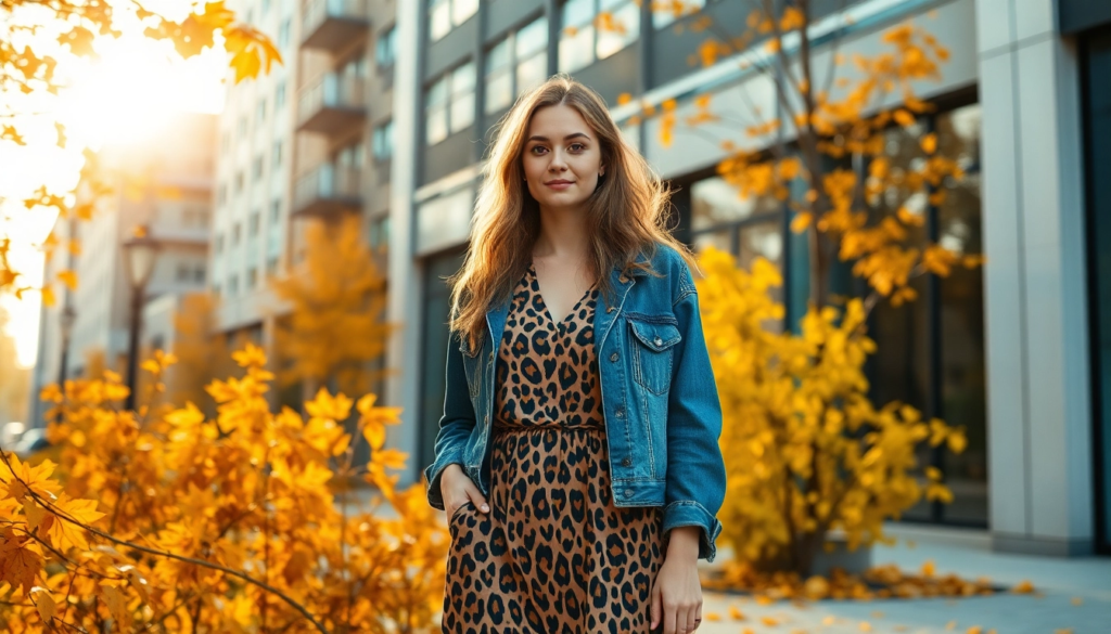 Une femme stylée dans une robe maxi streetwear à volants, bottes jusqu'aux genoux, se tenant dans un environnement urbain décoré de feuilles d'automne, avec un mélange élégant de mode urbaine et tendance automnale.