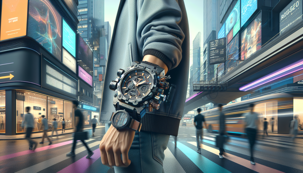 Personne stylée portant une montre Casio G-Shock GA-2100 dans un cadre urbain dynamique, mettant en valeur son design minimaliste et robuste, avec une ambiance énergique et des couleurs vives.