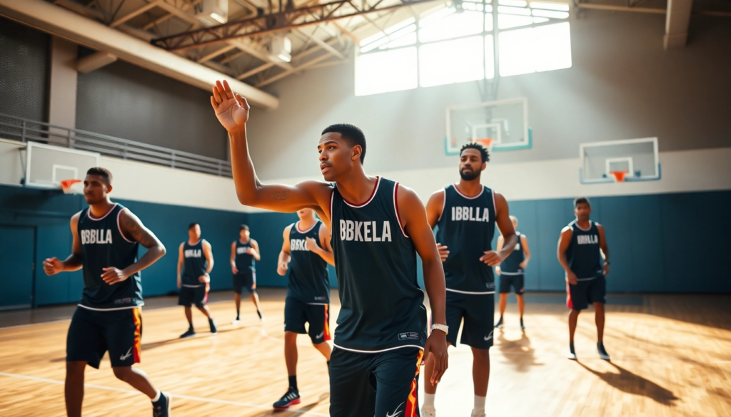 Scène dynamique avec plusieurs joueurs NBA en maillots de réchauffement colorés sur un terrain de basketball, s'étirant et dribblant avec des expressions concentrées dans une ambiance moderne et lumineuse.
