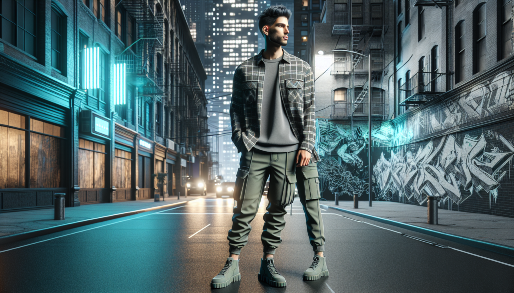 Modèle masculin élégant portant des pantalons cargo modernes en vert olive, associé à une chemise en flanelle à carreaux, dans un environnement urbain avec graffiti et éclairage néon, évoquant la culture hip-hop des années 90.