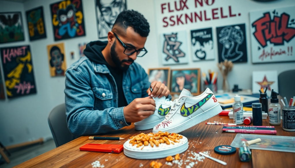 Une personne créative assise à une table en bois, personnalisant des baskets blanches avec des designs colorés et graffiti, entourée de fournitures artistiques comme des pinceaux et des peintures, dans une atmosphère moderne et inspirante.
