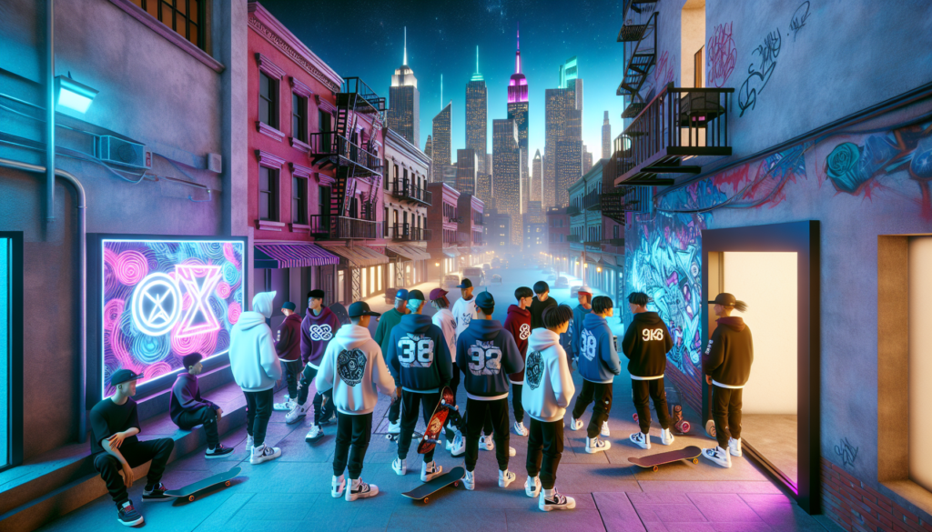 Illustration hyper-réaliste d'une scène de rue à New York City mettant en avant l'influence culturelle de la marque Supreme, avec un groupe diversifié de jeunes adultes en vêtements emblématiques, devant un magasin Supreme dans une ambiance néon animée.