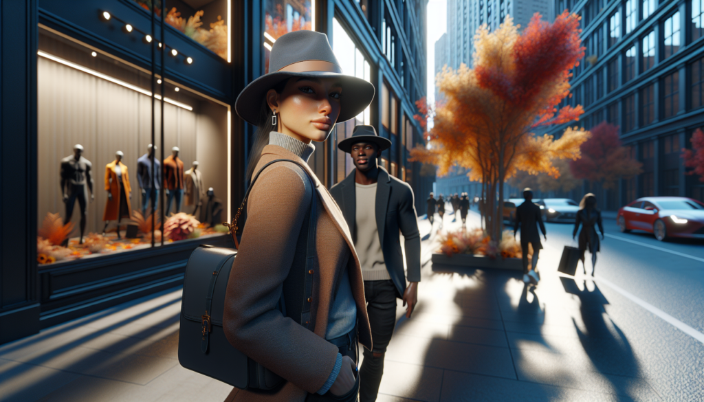 Scène urbaine tendance en automne avec des jeunes portant des casquettes New Era et 47 Brand, sous un éclairage doux, entourés de feuilles colorées et de vitrines de magasins.