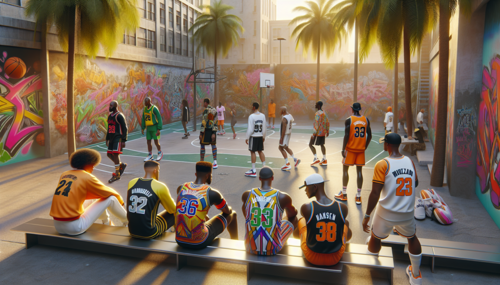 Illustration 3D hyper-réaliste d'une scène urbaine dynamique avec des fans portant des maillots NBA colorés, jouant au basketball dans un parc entouré de palmiers et de graffiti, illustrant l'évolution des vêtements de sport vers la mode.