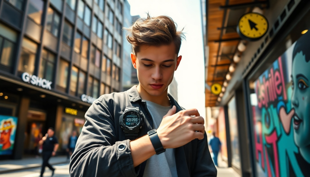 Un jeune adulte dans une scène urbaine dynamique porte une montre Casio G-Shock GA-2100, habillé en streetwear moderne avec une veste oversized et un pantalon tapered, vérifiant l'heure au milieu de bâtiments contemporains et d'art urbain.
