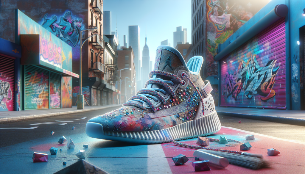 Rendu 3D hyper-réaliste d'une sneaker personnalisée avec des designs artistiques, peintures et strass, sur une rue urbaine animée avec graffiti et murales colorées, ambiance néon.