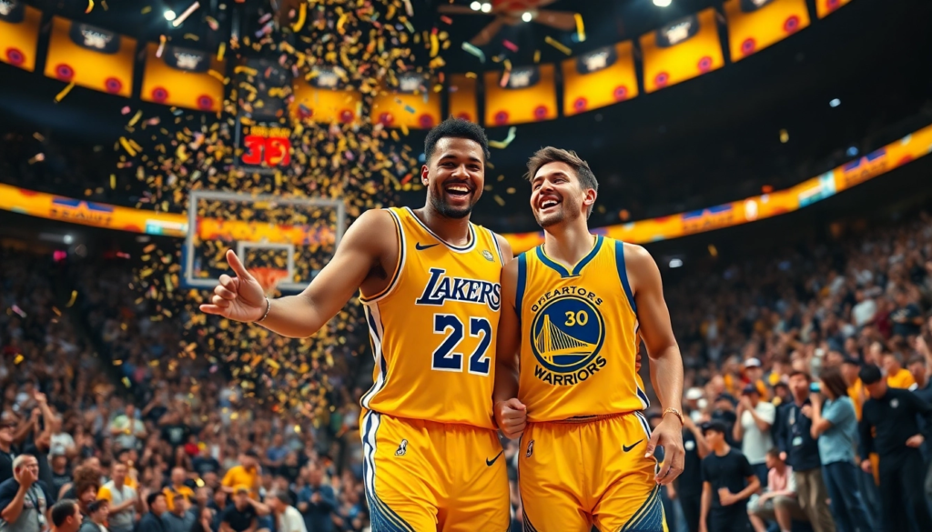 Deux joueurs en action sur un terrain de basketball, l'un portant le maillot des Los Angeles Lakers avec le numéro de Kobe Bryant, et l'autre en maillot des Golden State Warriors 'Run TMC', dans une ambiance festive avec des confettis et une foule en arrière-plan.