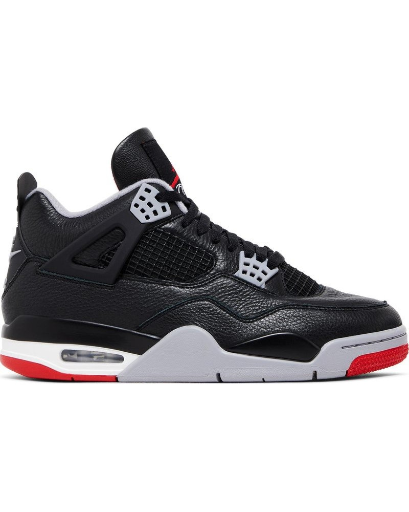 Image de la paire Air Jordan 4 Retro 'Bred Reimagined' avec un upper en cuir noir et des détails rouges et grises